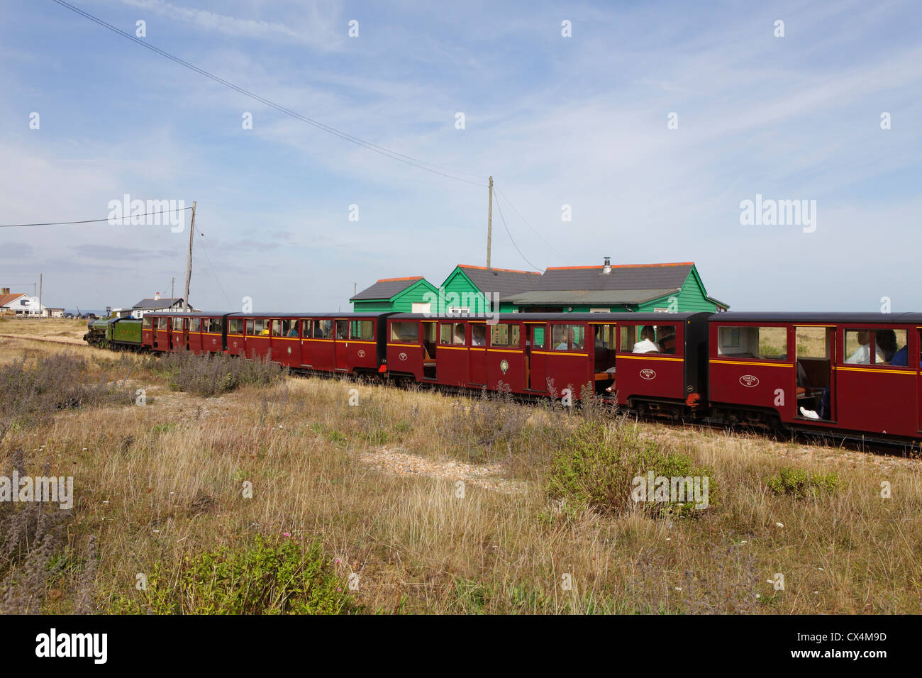 Romney Hythe and Dymchurch light railway miniature train service Romney Marsh Dungeness Kent UK GB Stock Photo