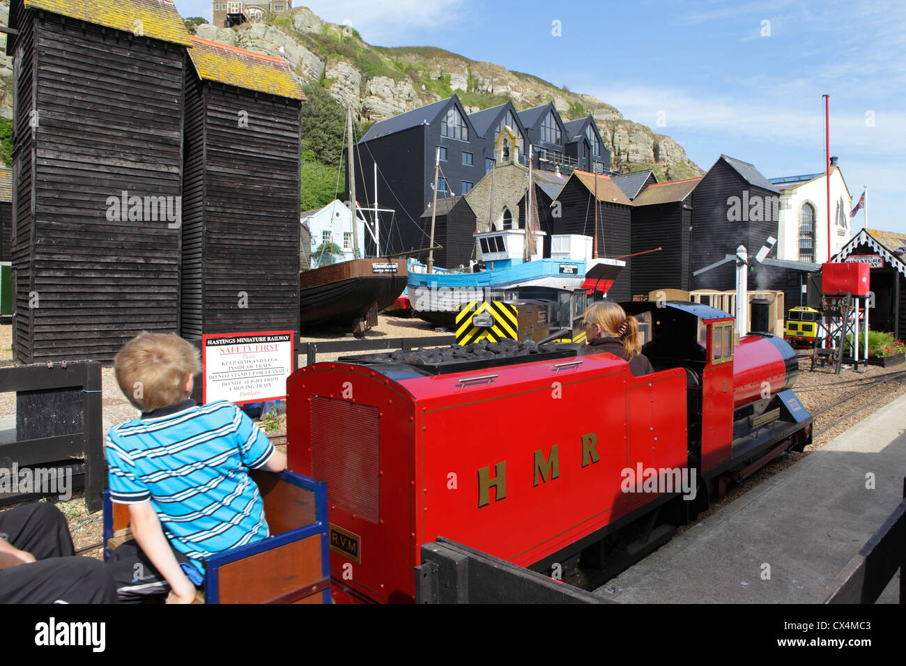 Mini Train England Miniature railway train engine at Rock-a-Nore, Hastings seafront, East ...