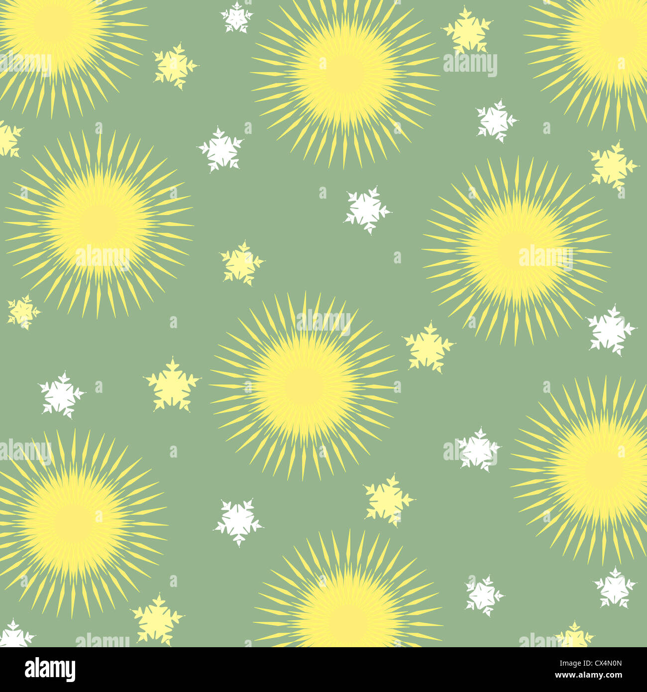 Seamless flowers and stars pattern in yellow and white on green Stock Photo