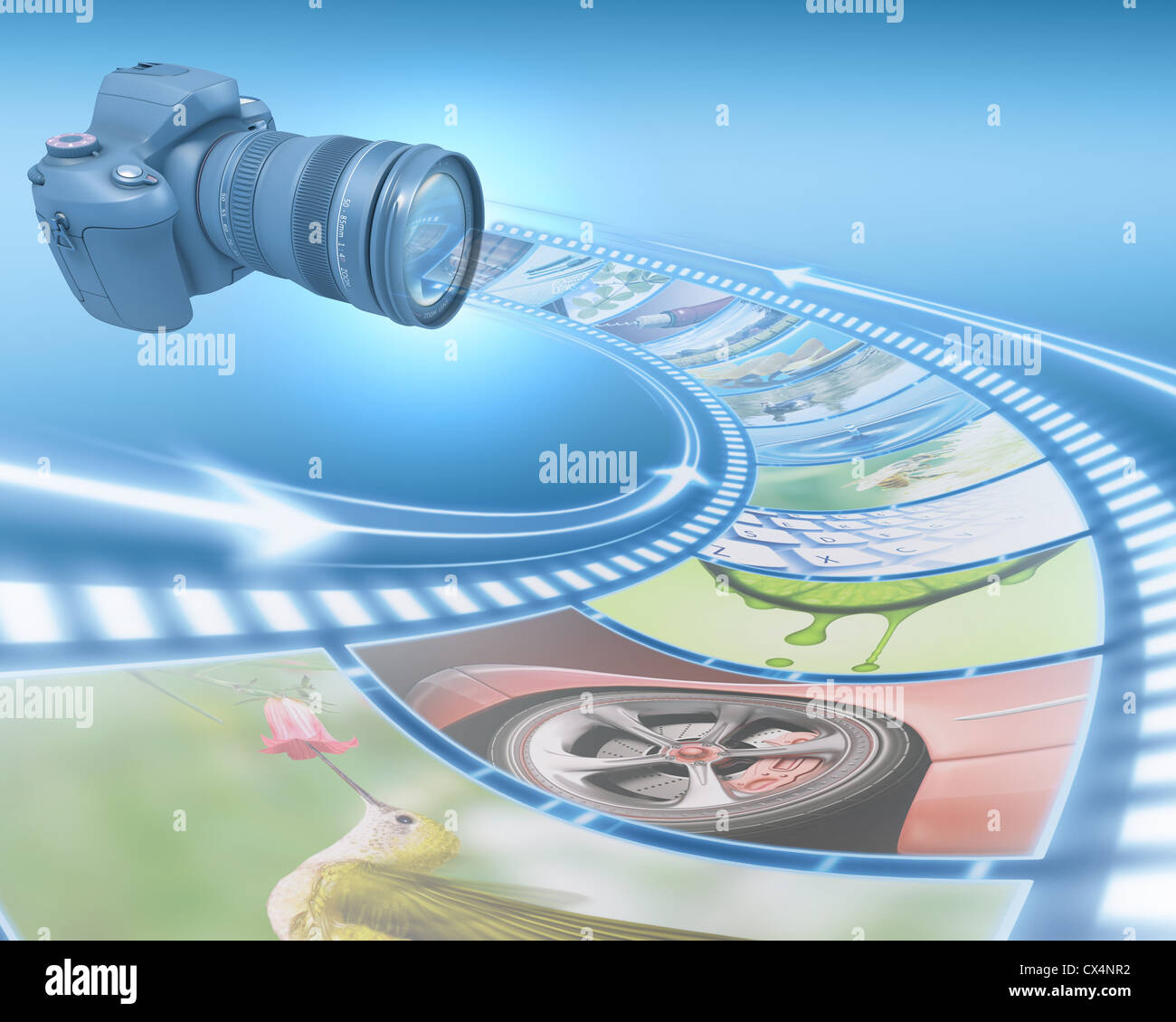 Professional Camera takes pictures. The film strip of pictures enter through the lens. Exclusive Design (Design Concept). Stock Photo