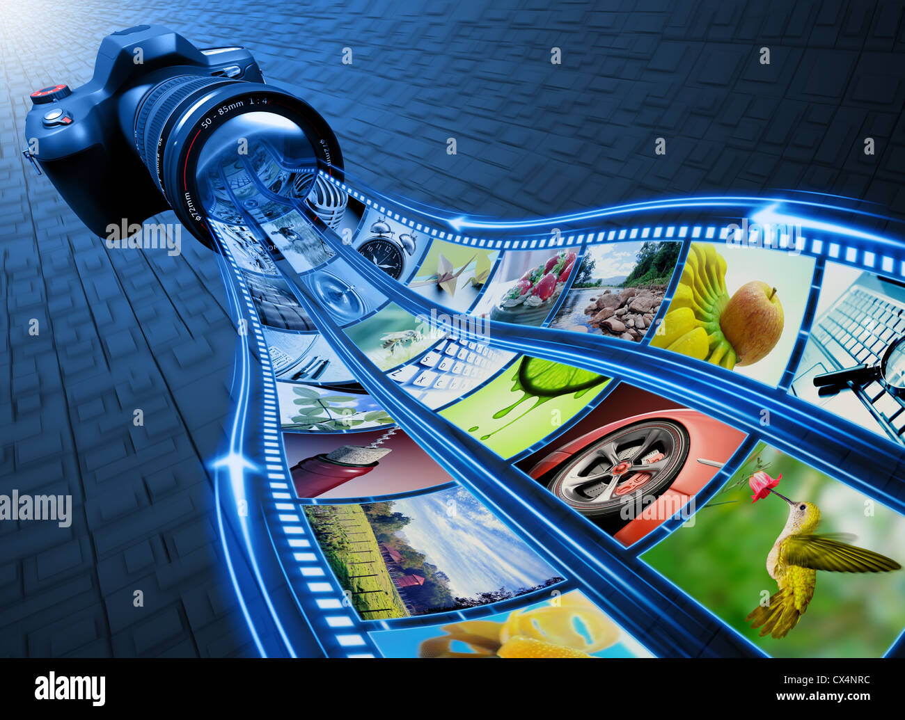 Professional Camera takes pictures. The film strip of pictures enter through the lens. Exclusive Design (Design Concept). Stock Photo