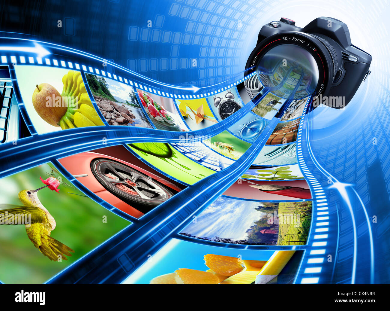 Professional camera takes pictures. The film strip of pictures enter through the lens. Exclusive Design (Design Concept). Stock Photo