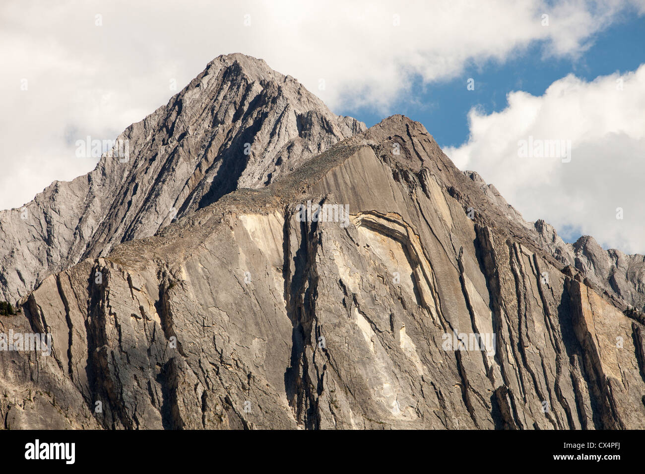 Inclined bedding planes in limestone on peaks above Johnsons Canyon in