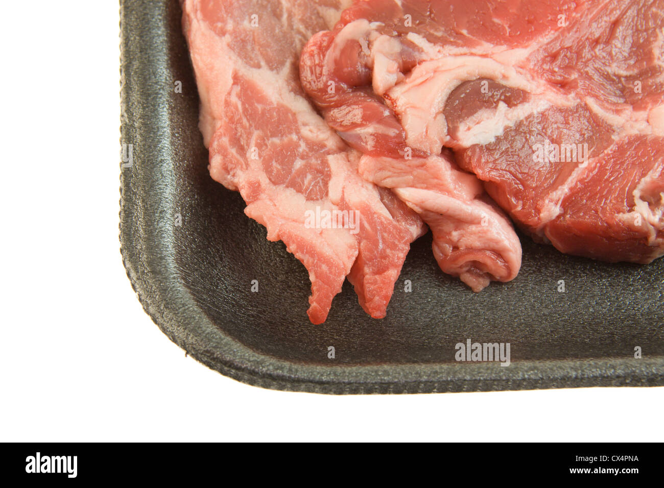 closeup view of a fresh, boneless, thin cut blade steak in a black foam tray Stock Photo