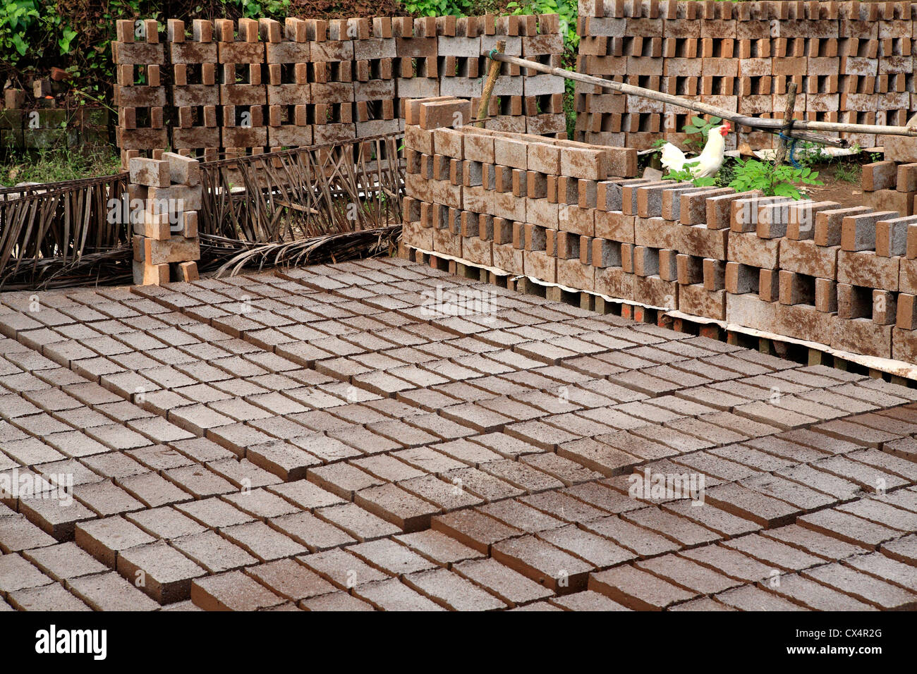 Factory for handmaking bricks, near Singaraja, north Bali, Indonesia. The bricks are made of clay, sun dried and then fired. Stock Photo