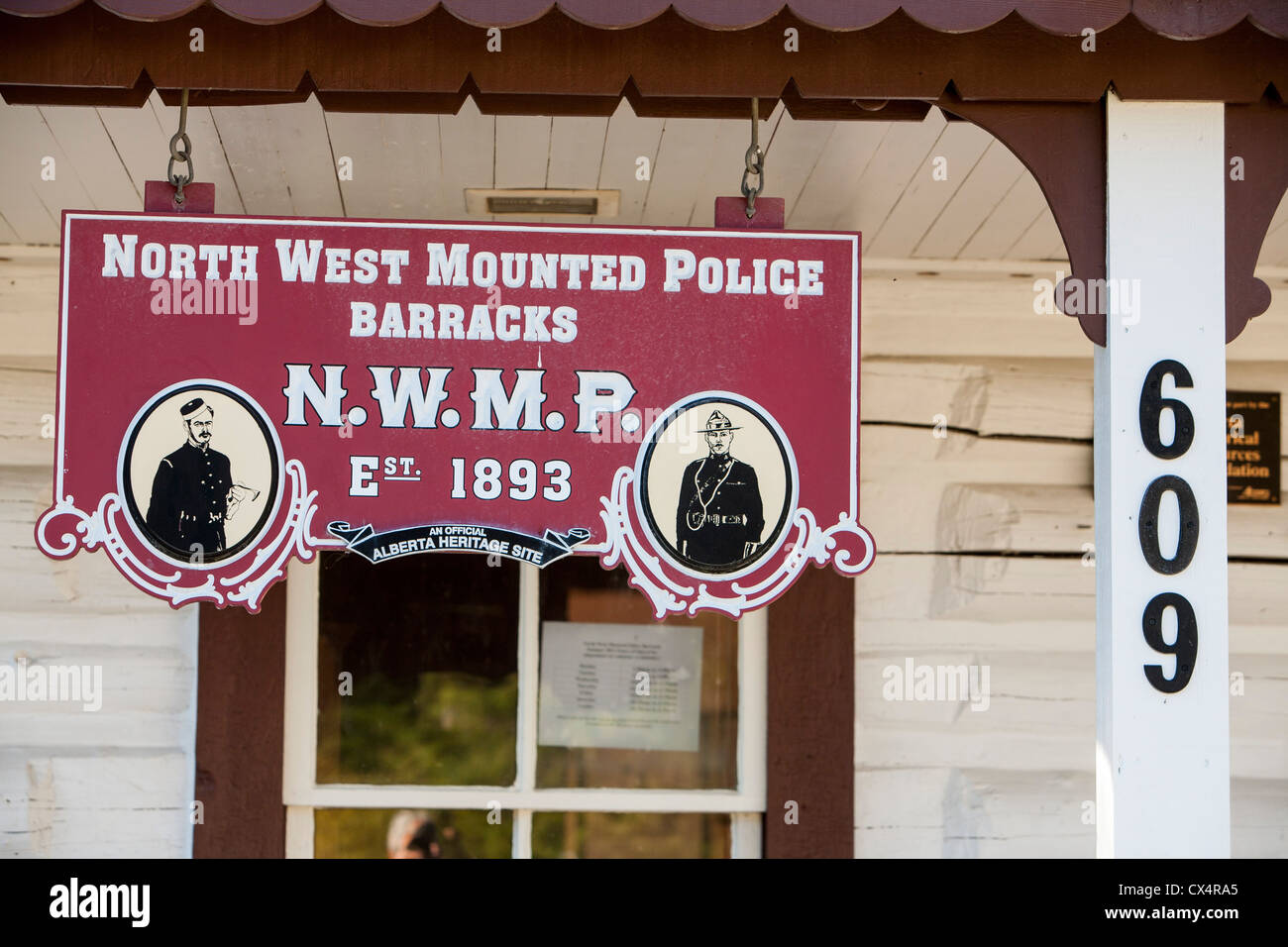 The old preserved barracks of the north West mounted Police in Canmore in the Canadian Rockies in Banff National Park. Stock Photo