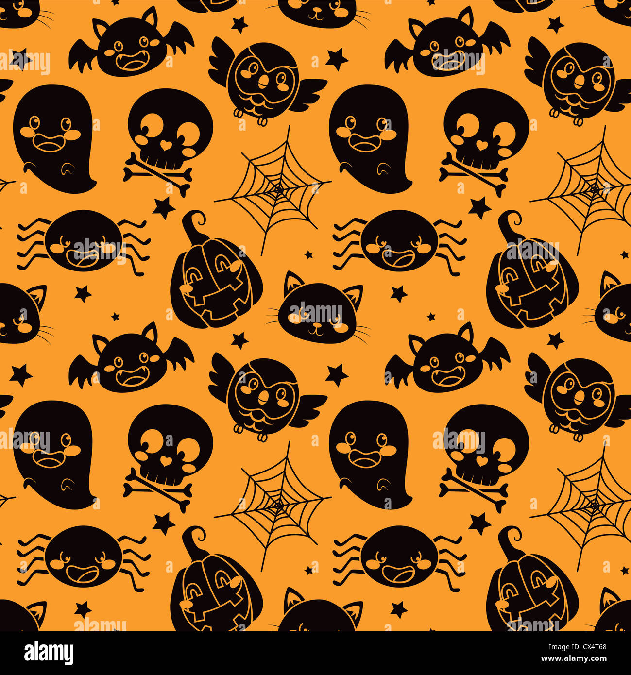 Seamless pattern of black Halloween elements on orange background Stock ...