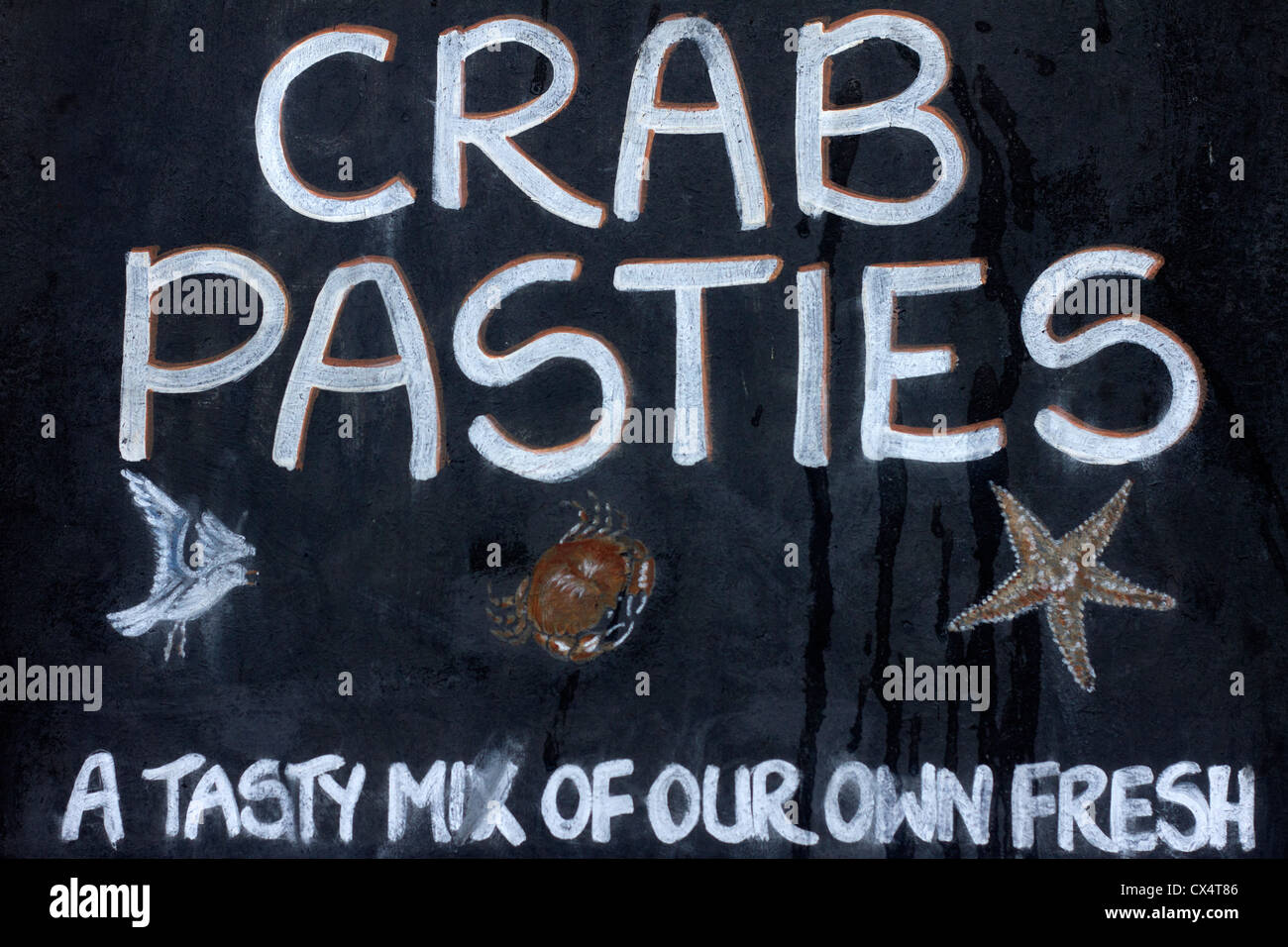 Crab pasties sign in Steephill Cove, Isle of Wight. Stock Photo
