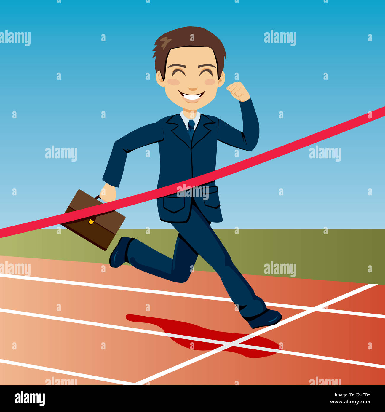 Successful businessman arriving first at finish line winning race