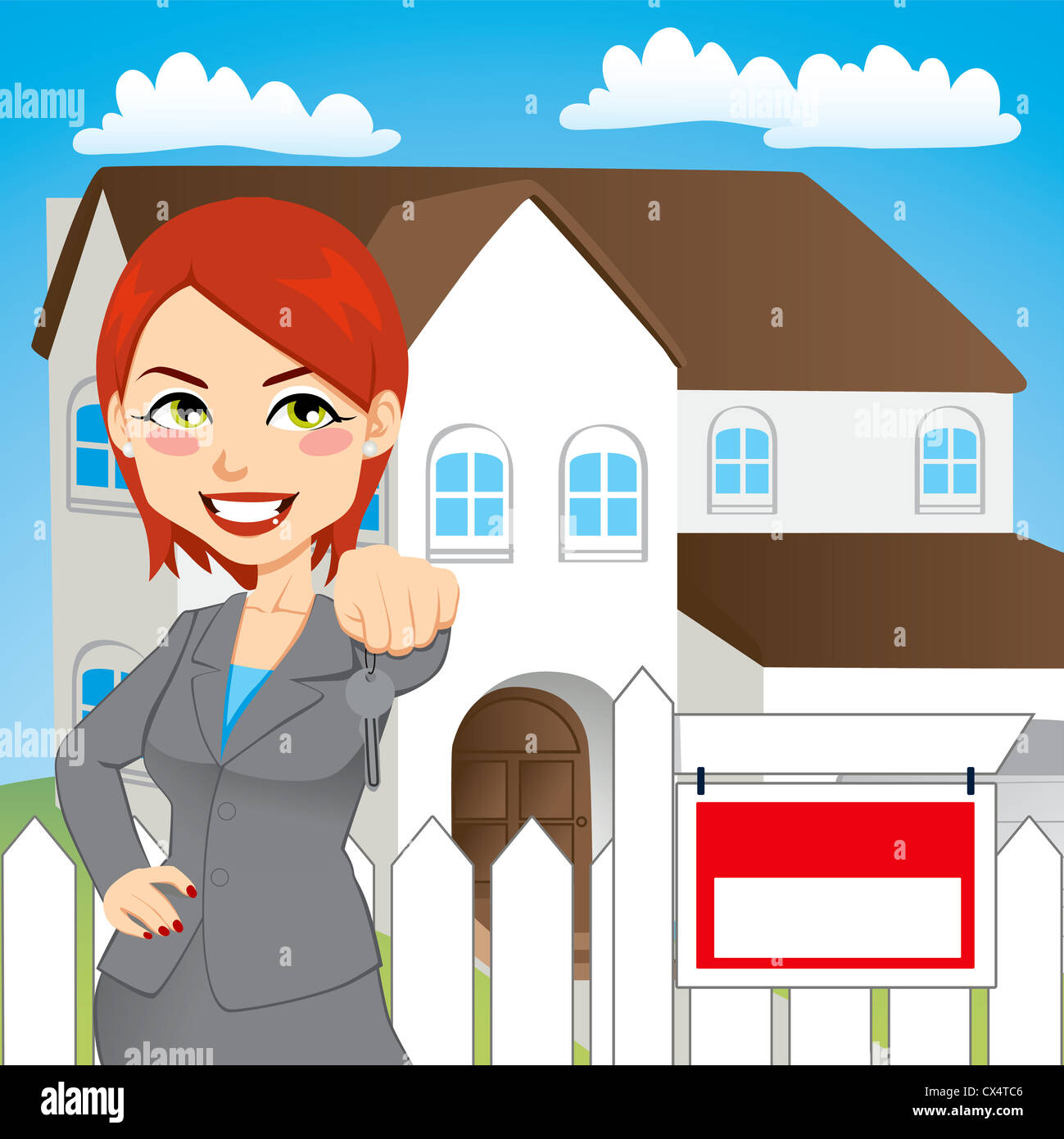 Real estate woman holding the key of a new house Stock Photo - Alamy