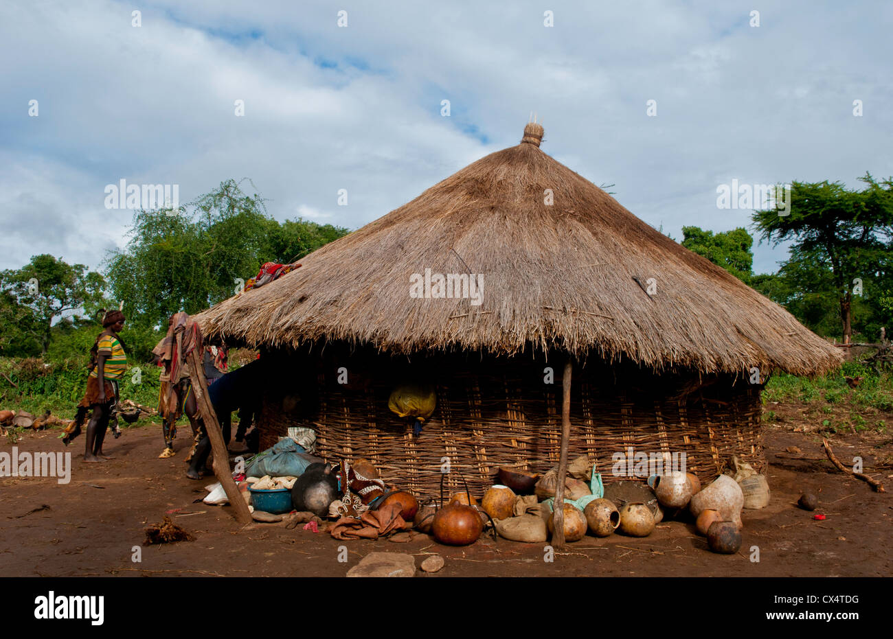 Turmi Ethiopia Africa village Lower Omo Valley tribal tribe Bena village with hut home with thatched roof Stock Photo