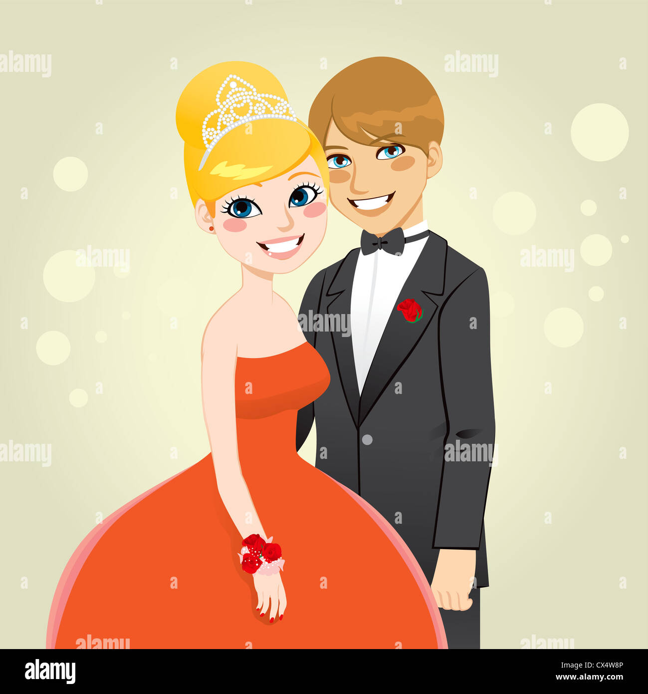 Beautiful Prom Queen in red formal dress and handsome King in tuxedo Stock Photo
