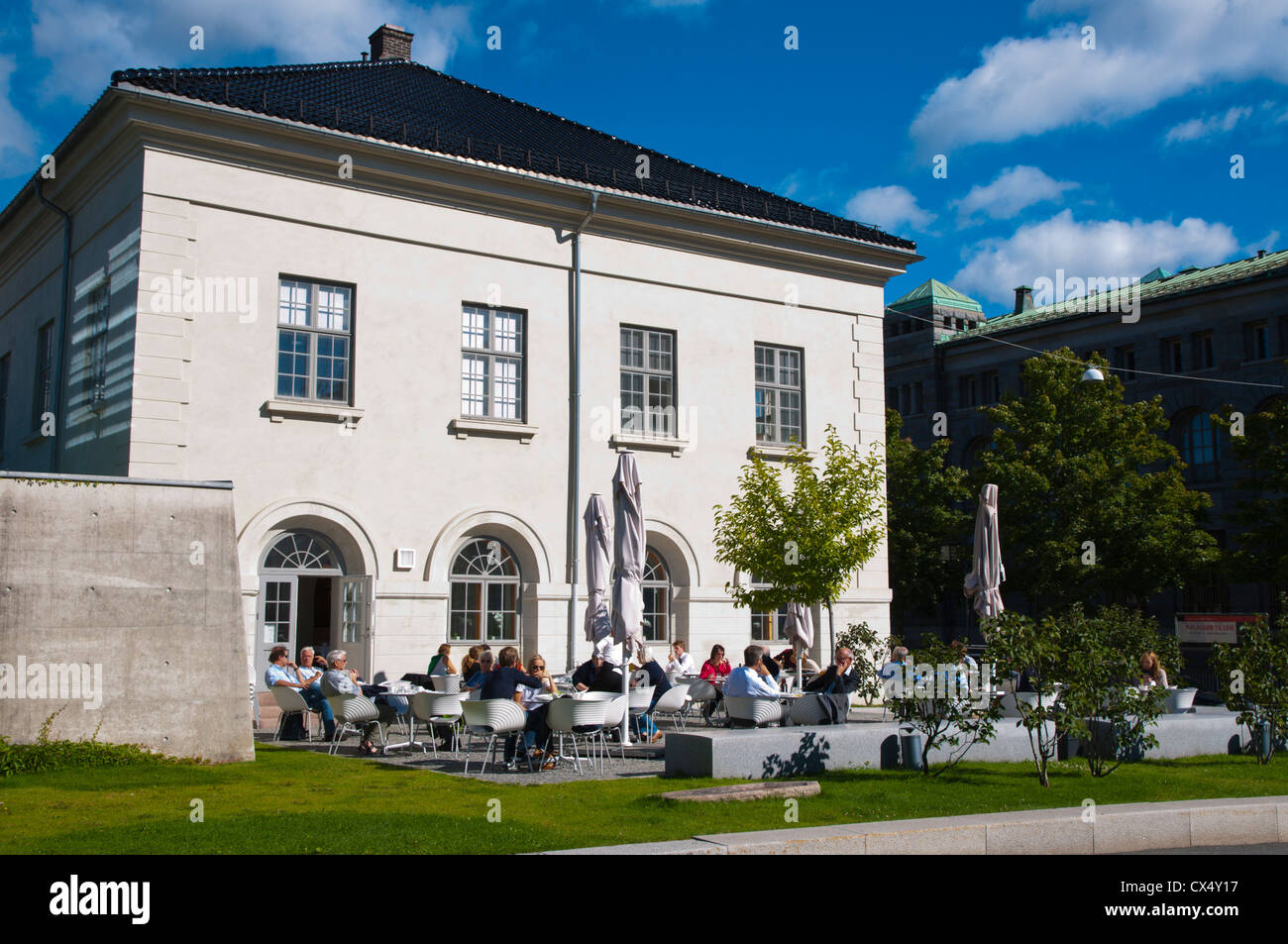 Restaurant terrace outside National museum of Art Architecture and design Kvadraturen district old town Oslo Norway Europe Stock Photo