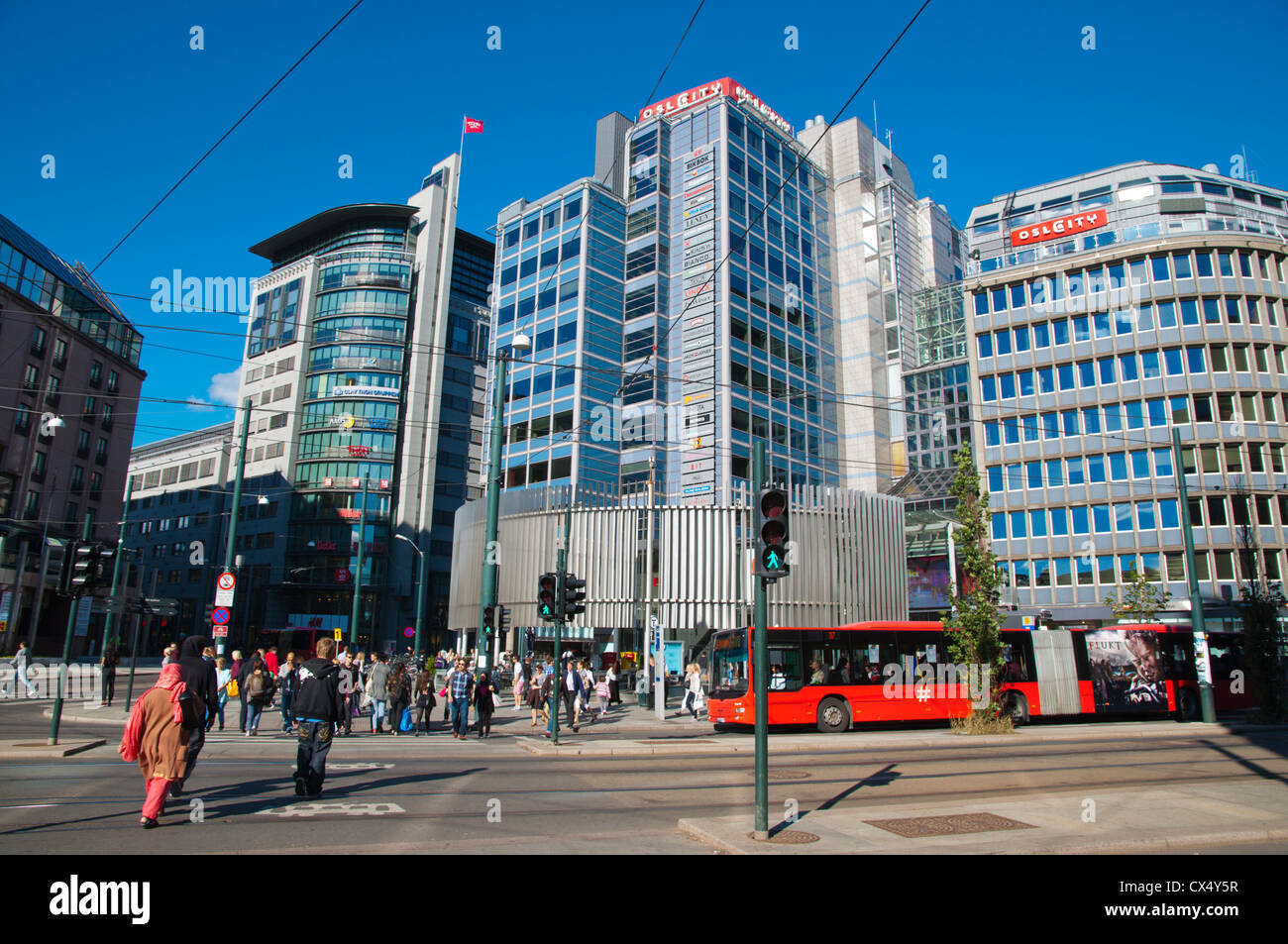 Oslo City shopping centre and other commercial buildings next to Jernbanetorget square Sentrum central Oslo Norway Europe Stock Photo