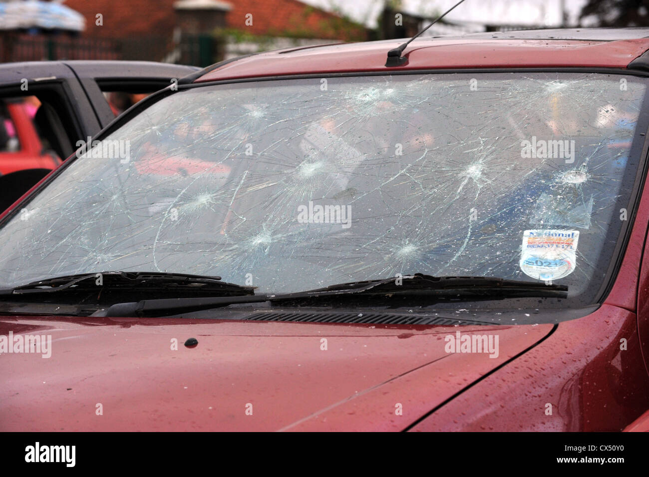 Close up of a smashed up car windscreen Stock Photo