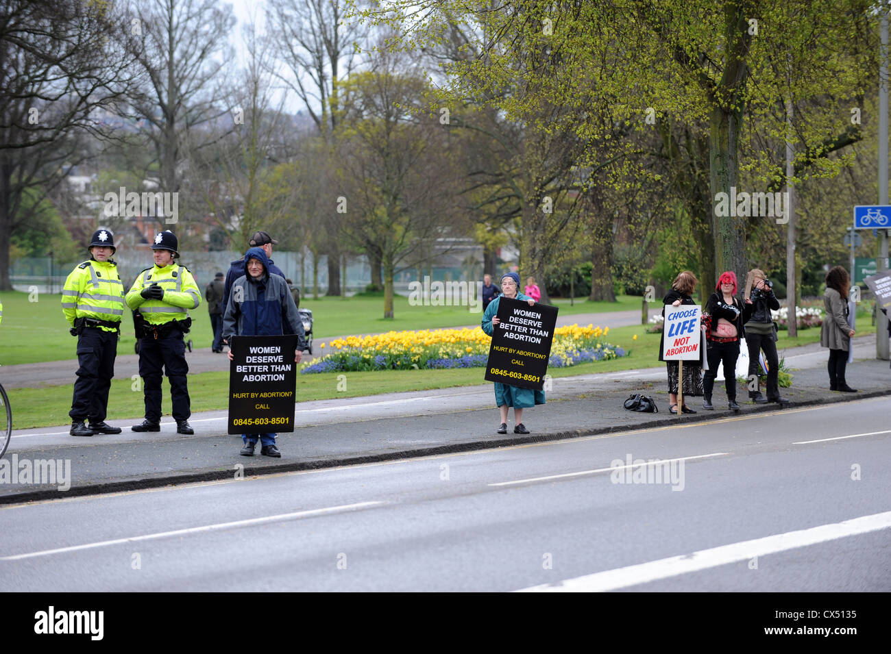 Pro-choice supporters held a counter demonstration against an anti-abortion group’s “kerb-side vigil' in Brighton Stock Photo