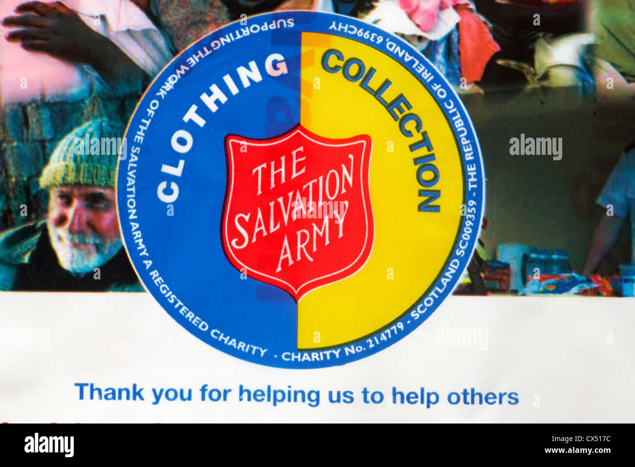 The Salvation Army clothing collection - information on charity clothing bag delivered to homes to fill with goods for charities Stock Photo
