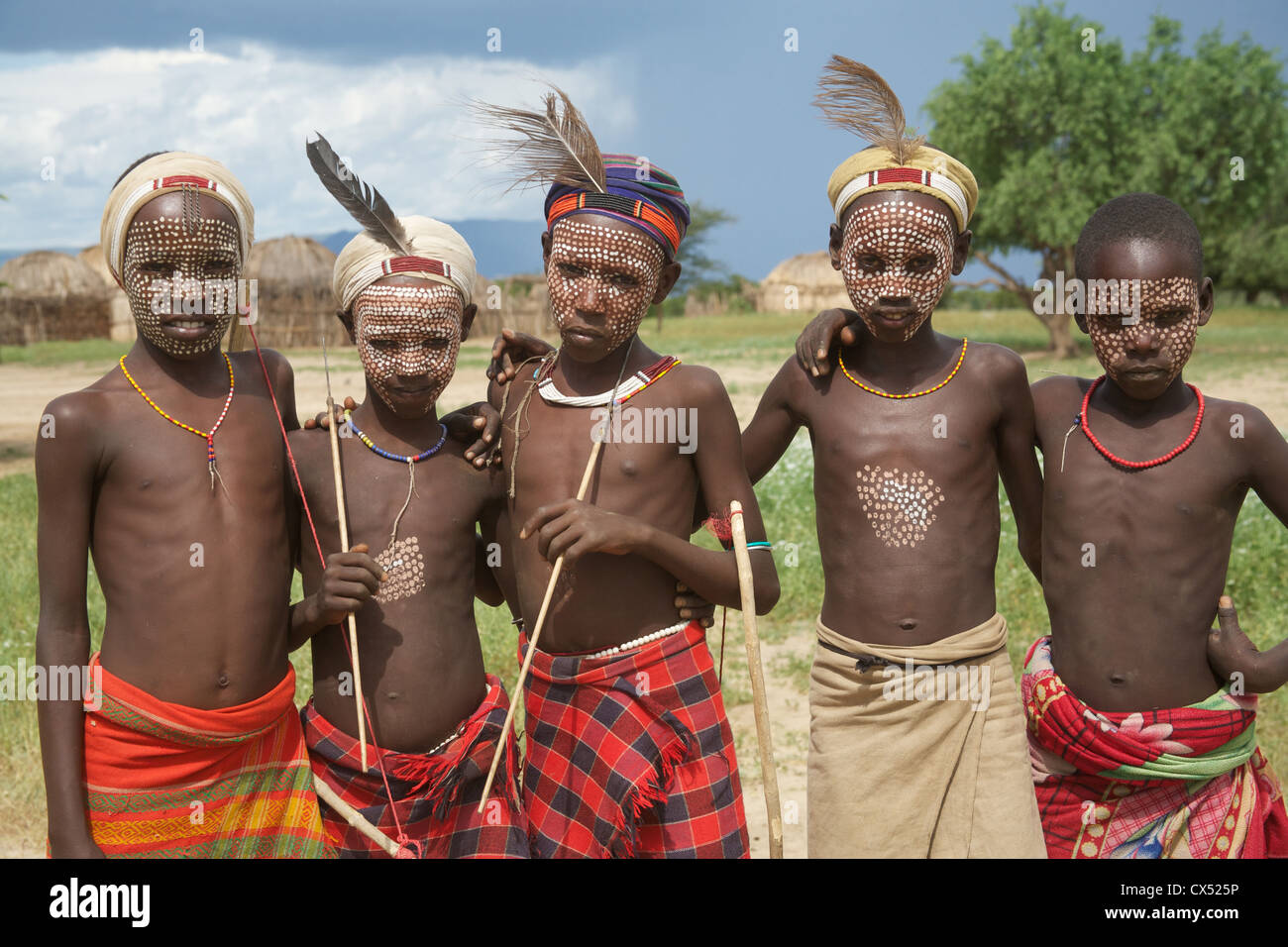 Group of five boys, Erbore, Omo Valley, Southern Ethiopia, Africa Stock Photo