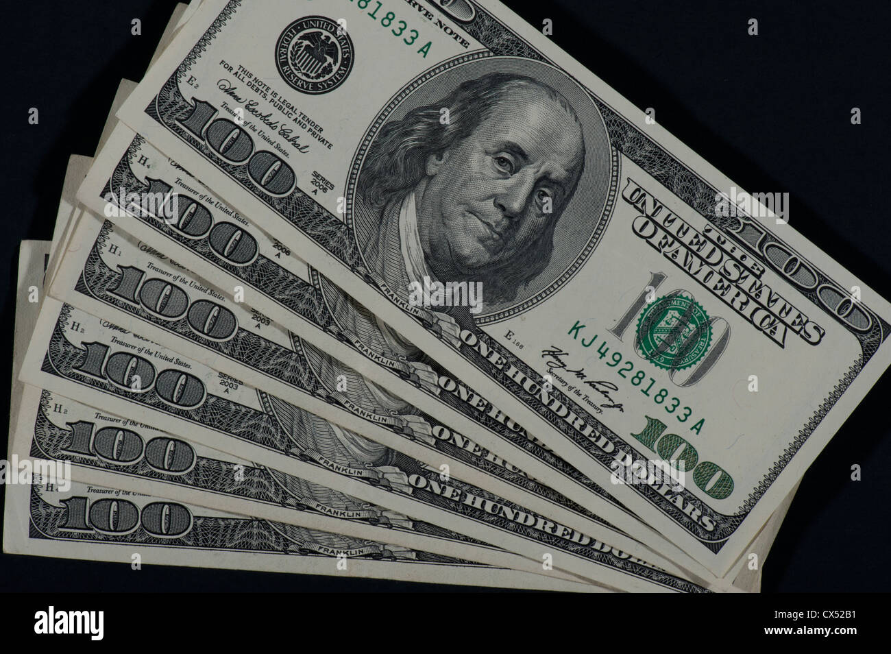six $100 dollar bills Stock Photo