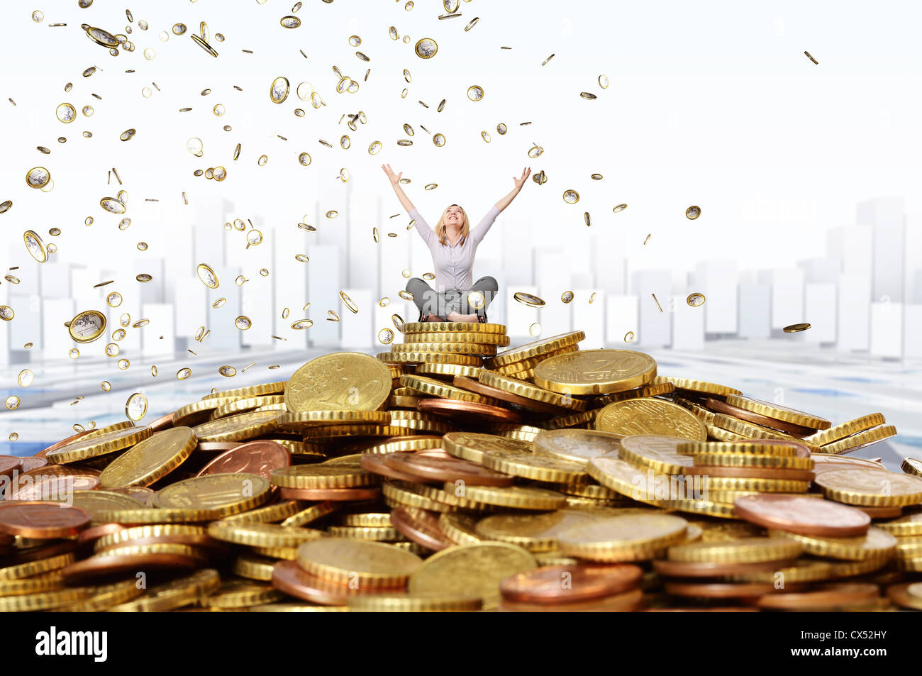 Euro Coins Raining smiling woman and euro coin rain Stock Photo - Alamy