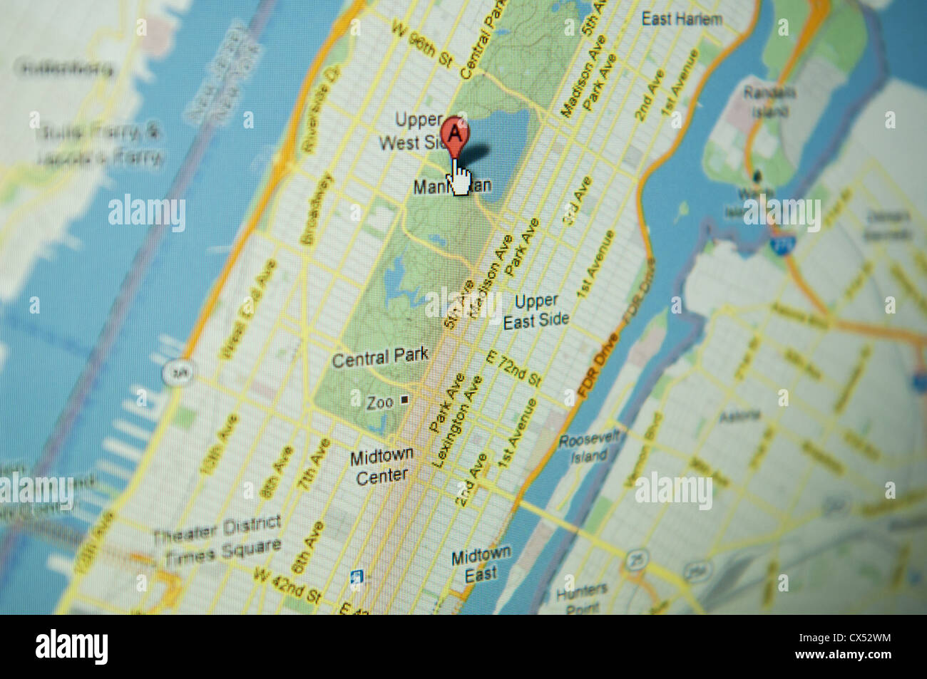 close up of Manhattan display map and pointer Stock Photo