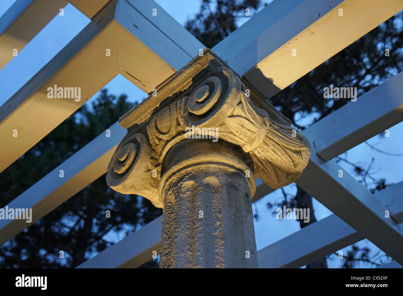 Close-up view of a neoclassical stone capital with a white canopy Stock Photo