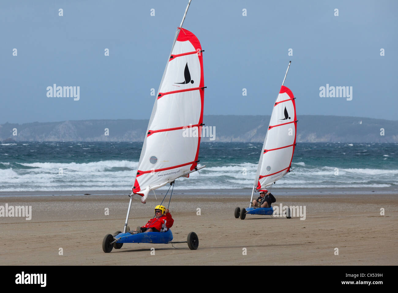 Sand yachting at Telgruc-sur-Mer, Crozon Peninsula, Finistère, Brittany, France Stock Photo