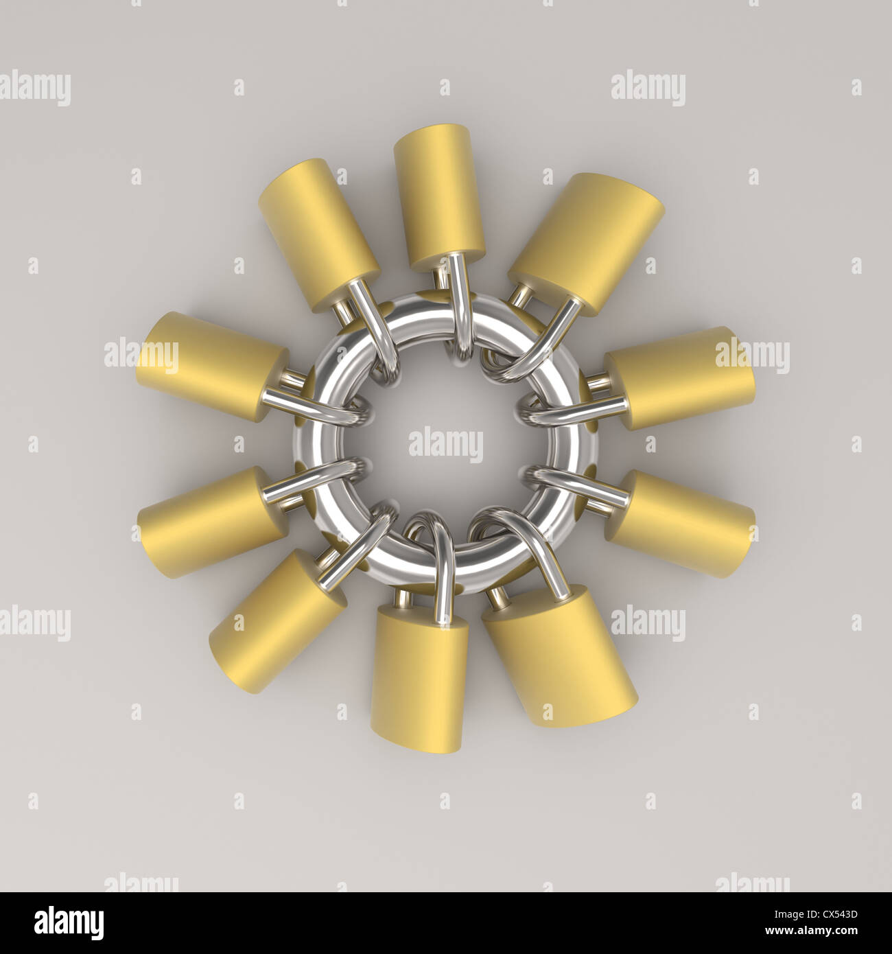 3D model rendering of locks are locked and connected on a same steel ...
