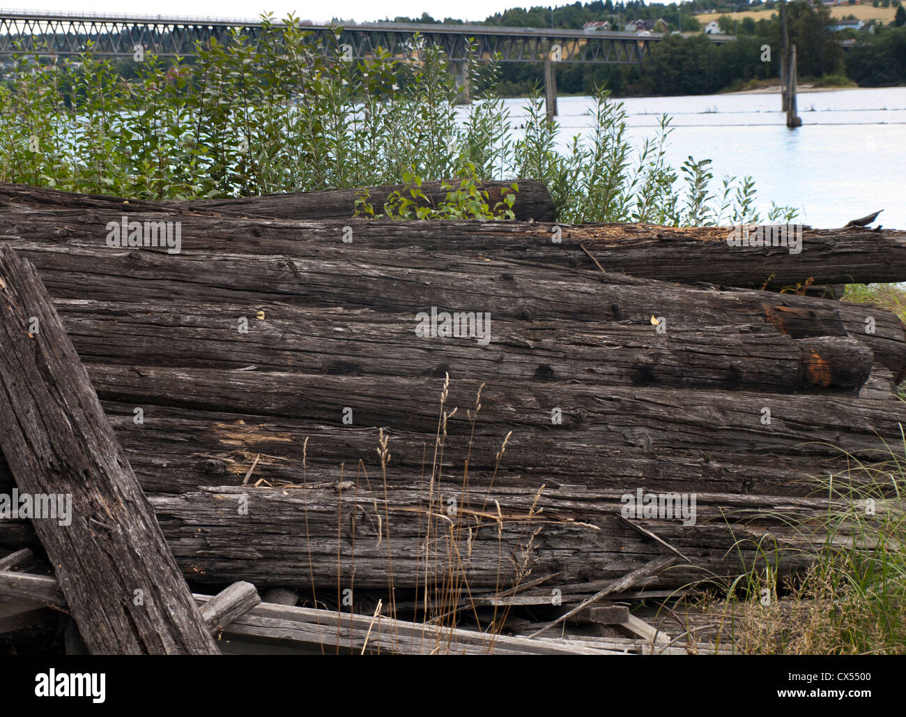 Old decaying logs in the Fetsund lense museum dedicated to  log driving, Norways longest river Glomma seen in background Stock Photo
