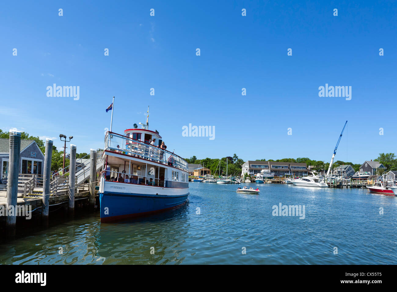 The Hy-Line cruise boat 'Patience' in the harbor at Hyannis, Barnstable, Cape Cod, Massachusetts, USA Stock Photo