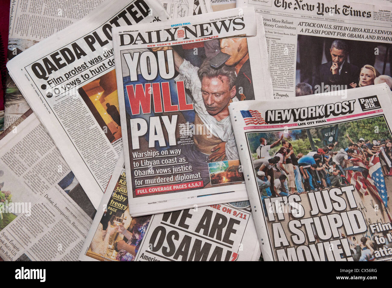 New York daily newspapers in September 2012 report on the rioting in the Middle East Stock Photo