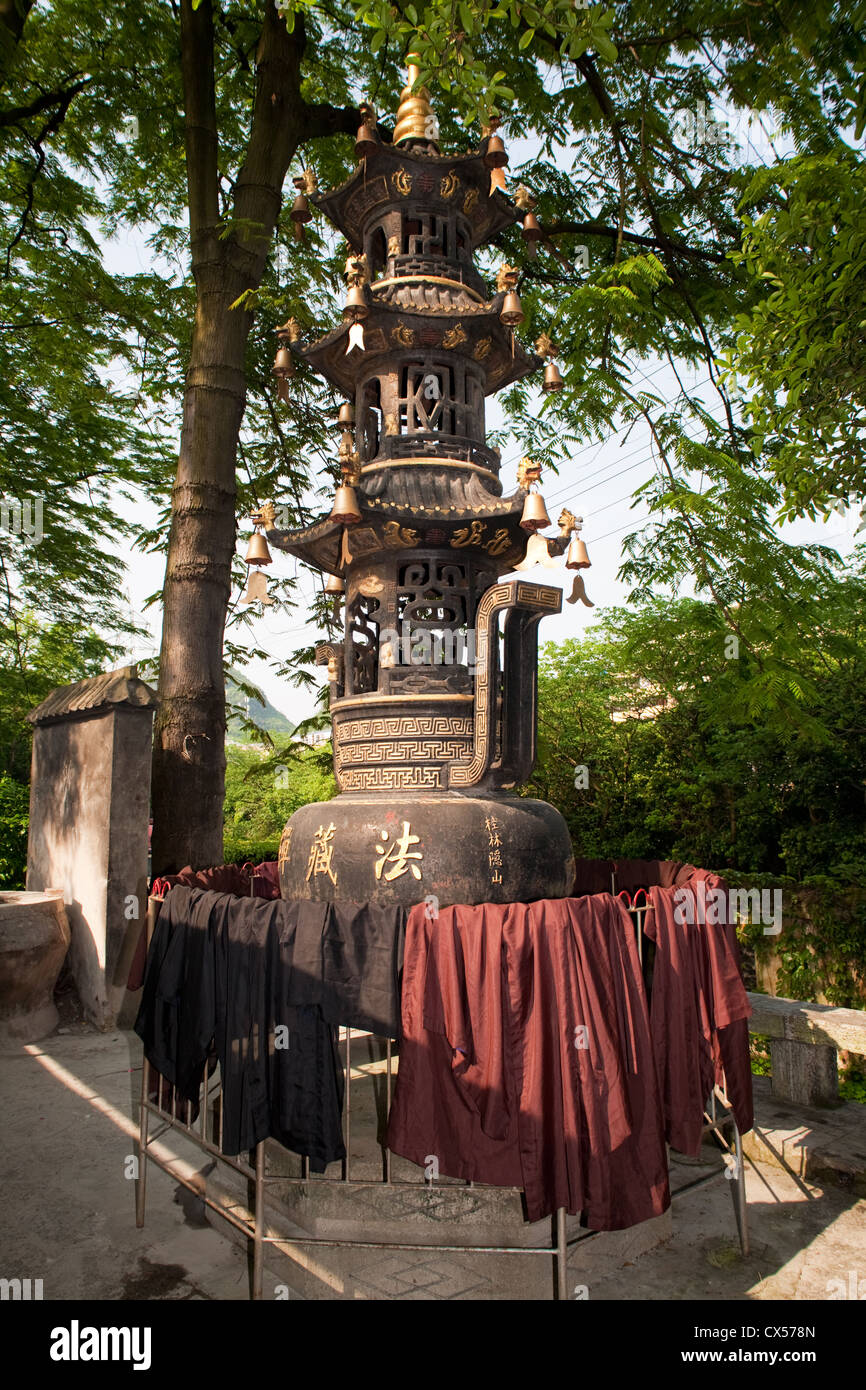 Buddhist monk's robes drying outside their temple in Xishan Park in Guilin in Southern China. Stock Photo