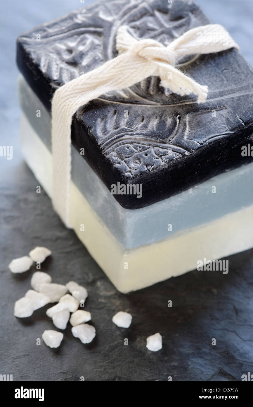 Blue and White Spa Soap with Bath Salts Stock Photo