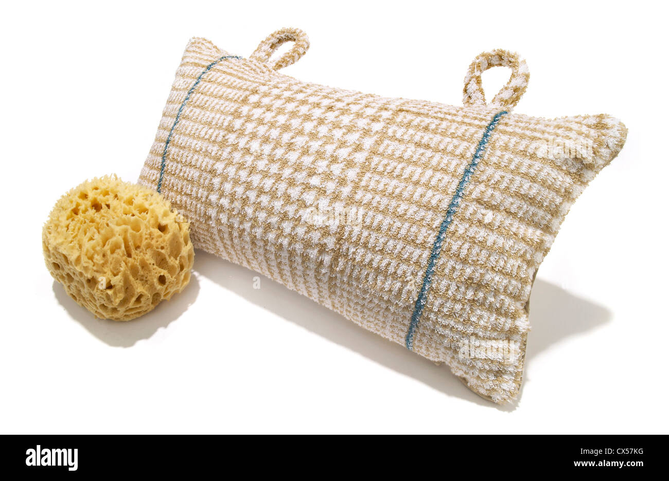 bath pillow and sea sponge Stock Photo