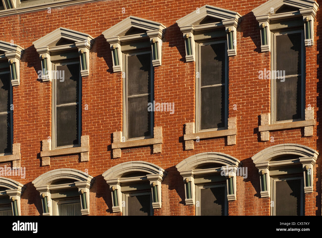 Close-up of windows at historic Plaza Hotel in Las Vegas, New Mexico, USA Stock Photo