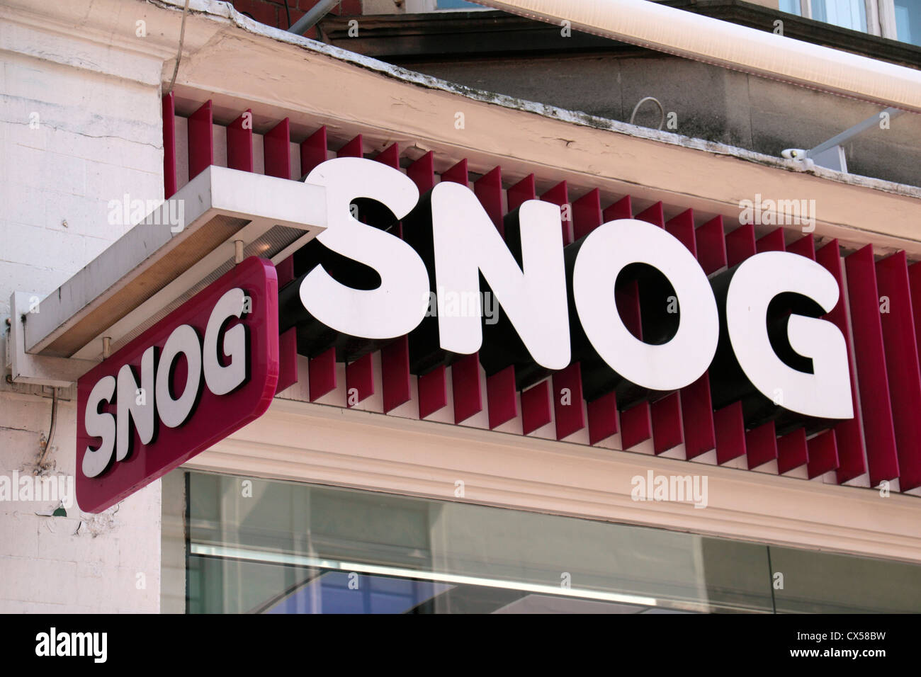 The Snog Pure Frozen Yogurt shop sign and logo above the shop on Kings