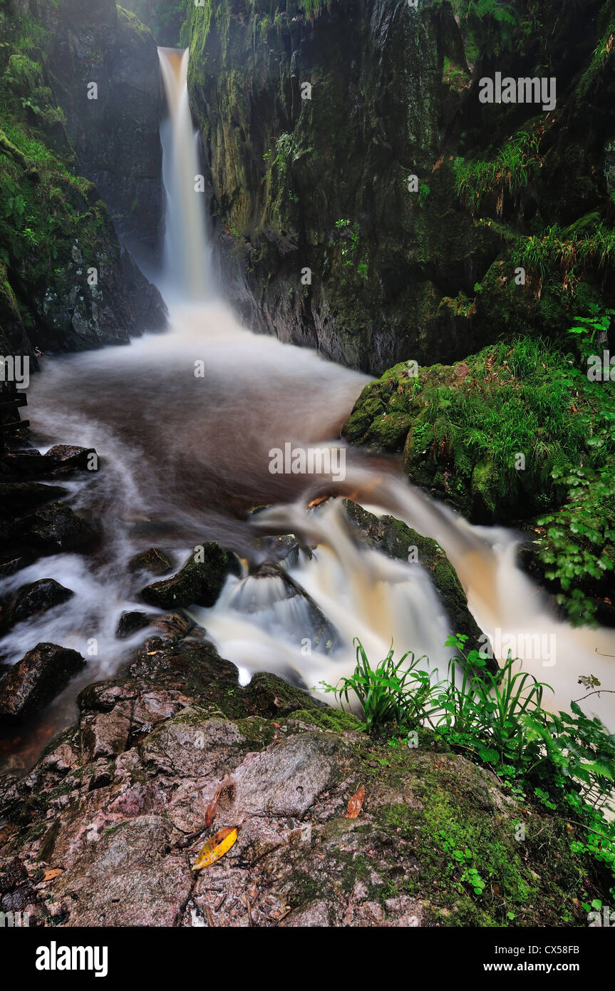 The 60 foot drop of Stanley Ghyll Force waterfall in Eskdale in the English Lake District Stock Photo