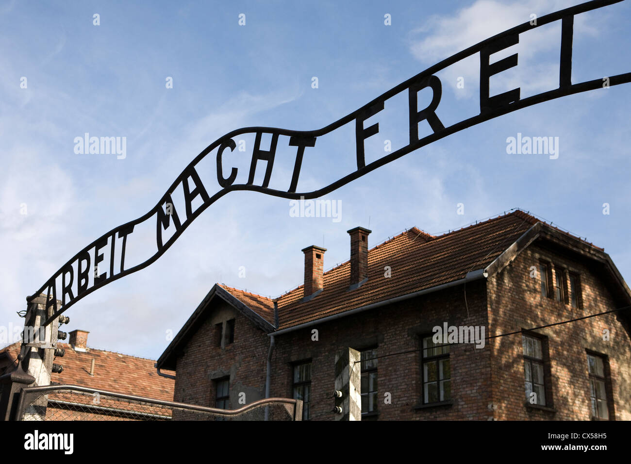 auschwitz, barbed, barbwire, barrack, birkenau, building, camp, chamber, concentration, dead, death, depth, east, electric Stock Photo