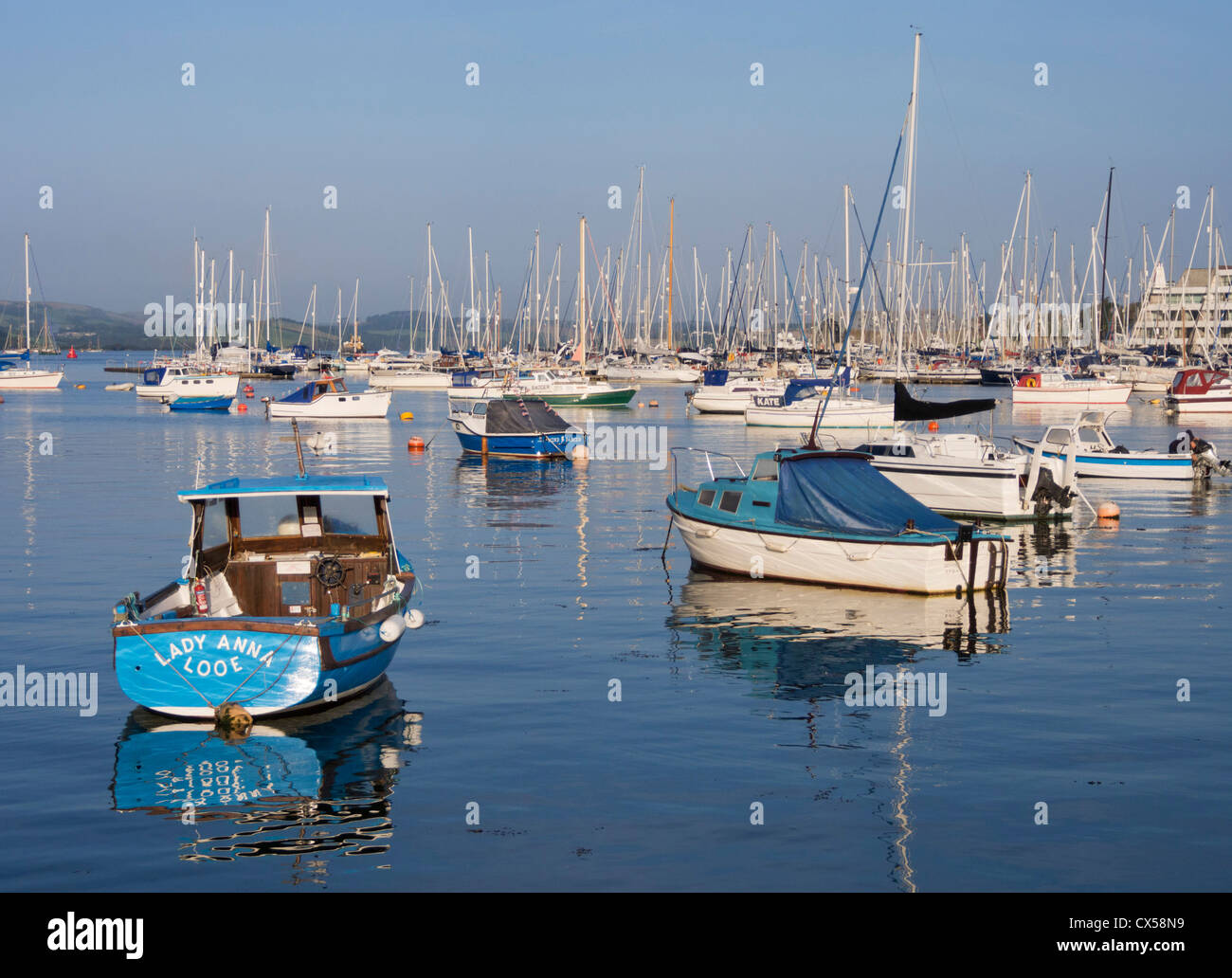 Pleasure boats moored in Cremyll Creek and Mayflower Marina, Plymouth, Devon, UK Stock Photo