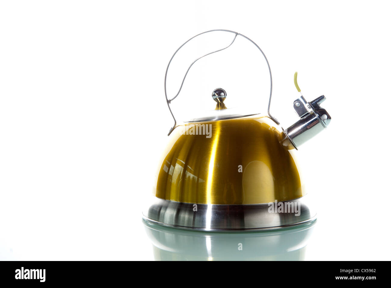 Copper kettle on table with reflection Stock Photo Alamy