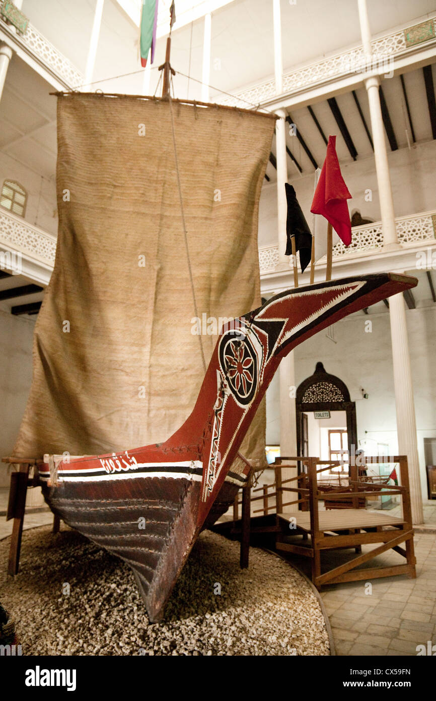 An ancient dhow in the House of Wonders, now the national Museum, Stone Town Zanzibar africa Stock Photo