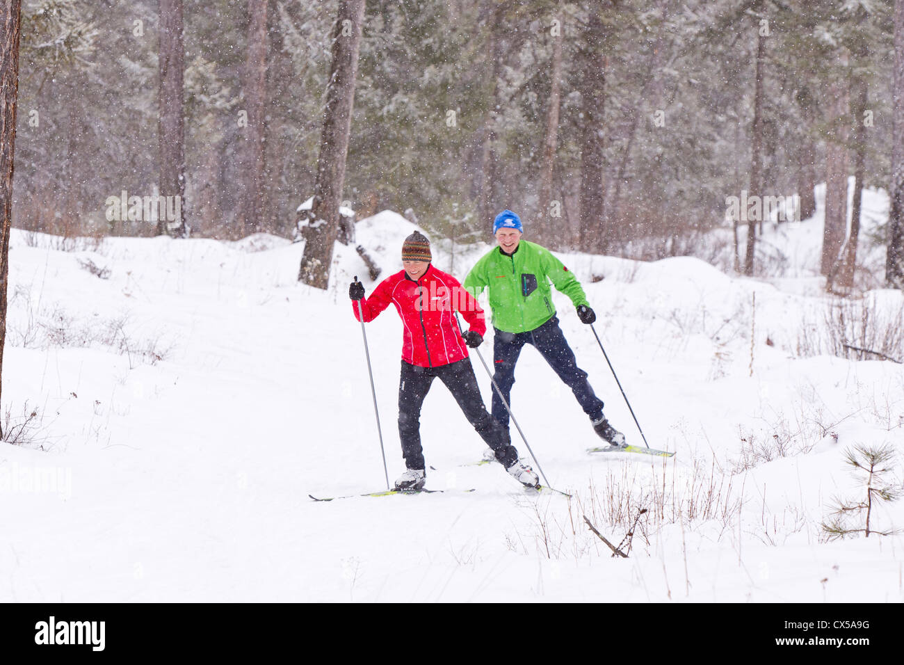 Skate cross country ski action at Stillwater Nordic near Whitefish, Montana, USA. (MR