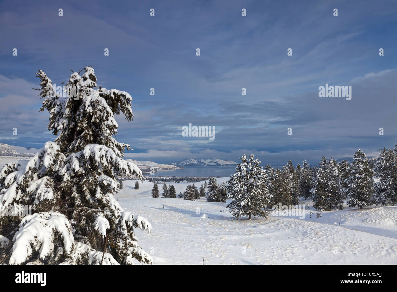 Looking down onto Flathead Lake after fresh snowfall in Elmo, Montana