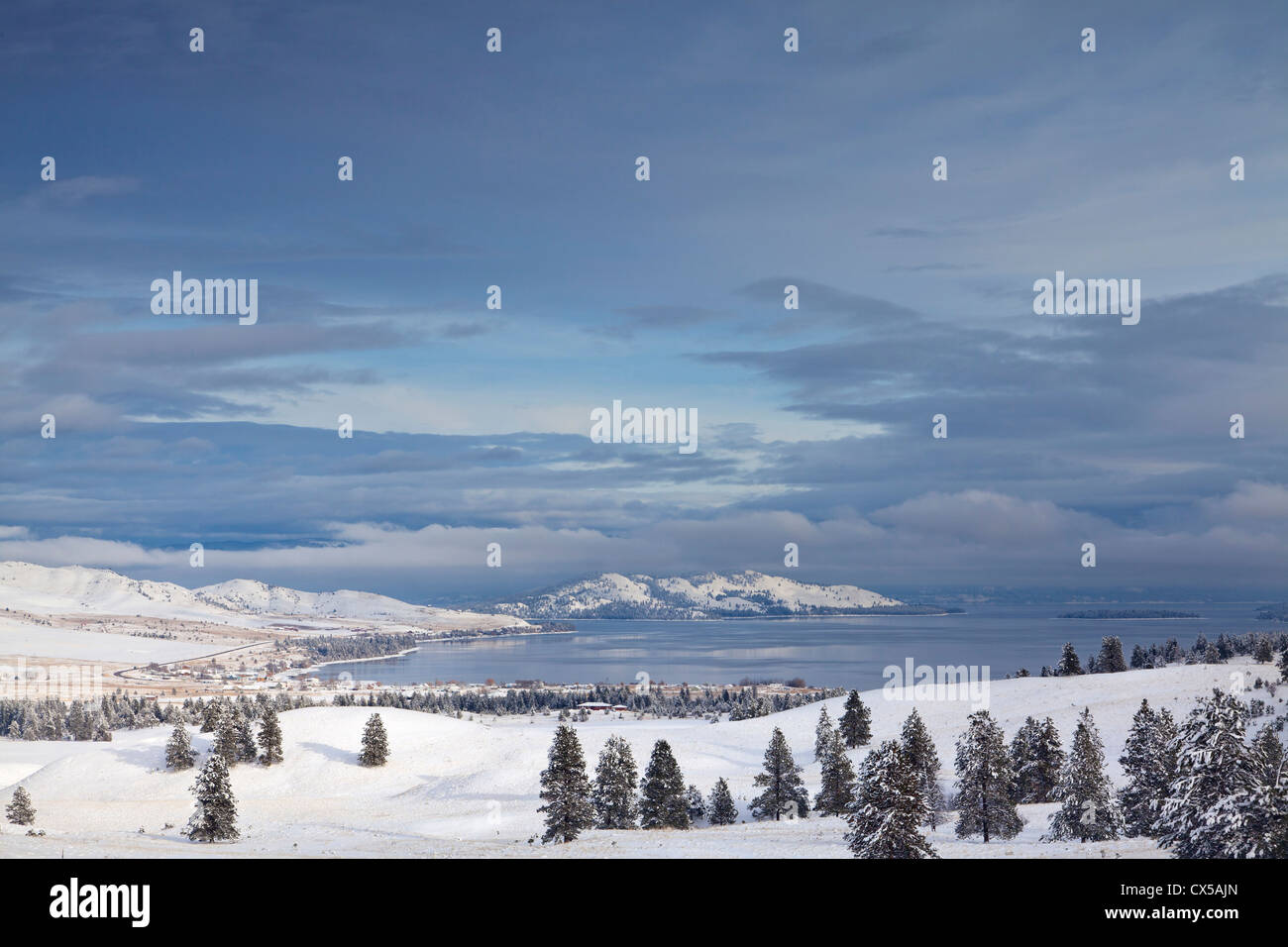 Looking down onto Flathead Lake after fresh snowfall in Elmo, Montana