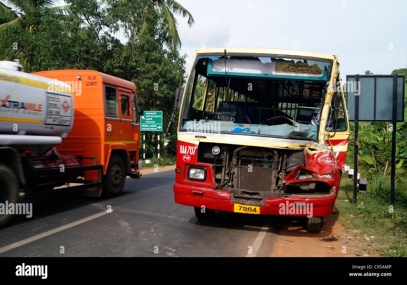 Accident of a Government Public Transportation Bus of KSRTC on Roads of Kerala India Stock Photo
