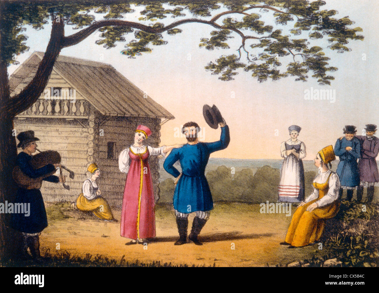 Russian National Dance, Hand Colored Engraving From Pinkerton's Russia, Circa 1833 Stock Photo