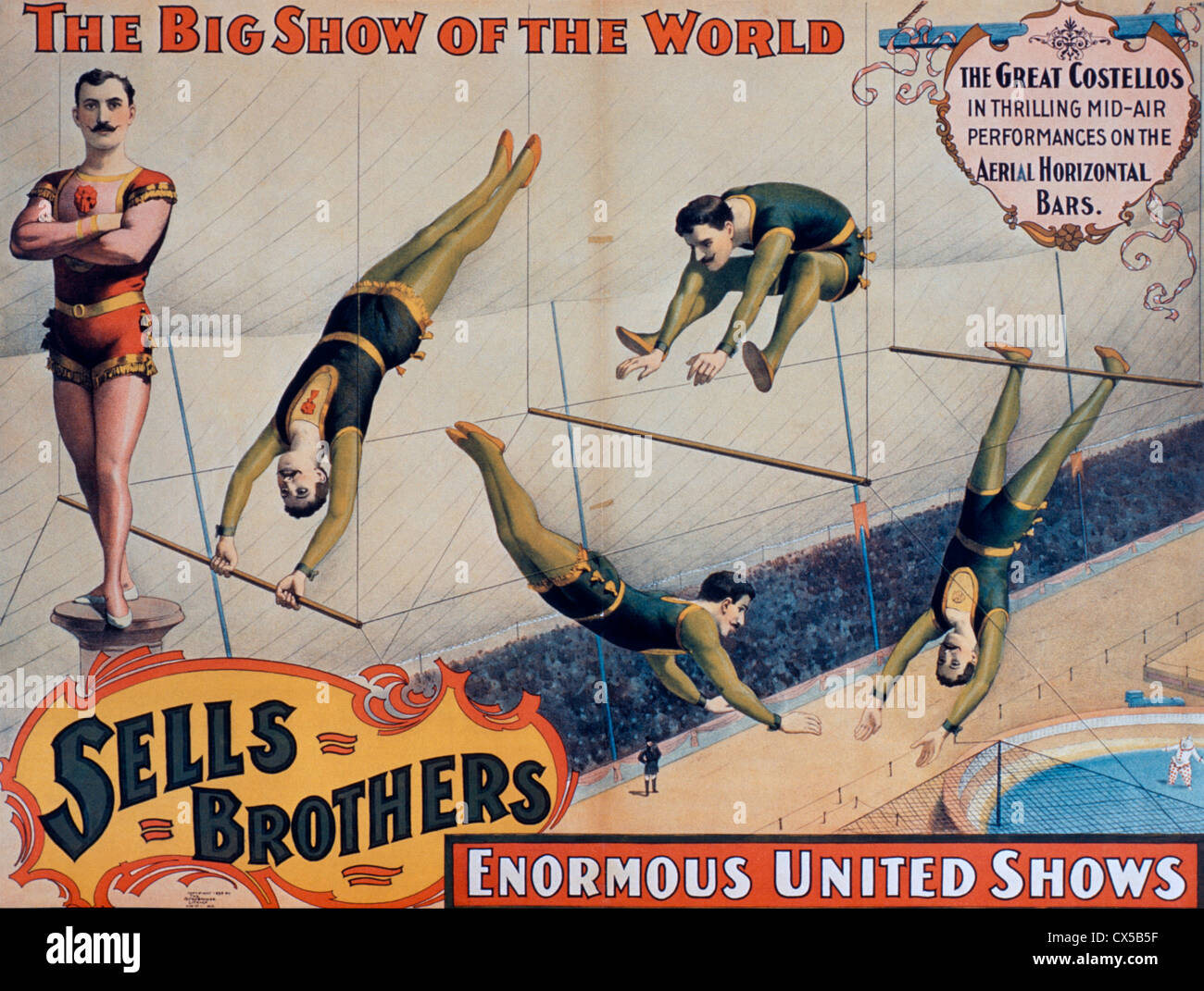 Sells Brothers Enormous United Shows Poster, The Great Costellos in Thrilling Mid-Air Performances on the Aerial Horizontal Bars Stock Photo