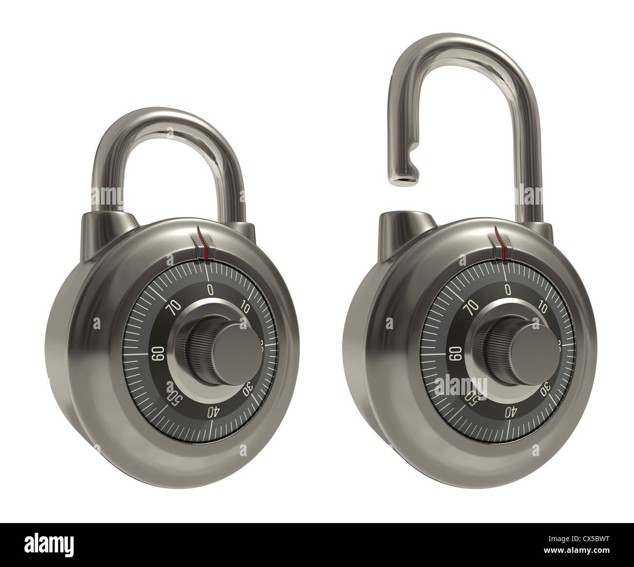 Two padlocks, one closed the other open in the same position and over