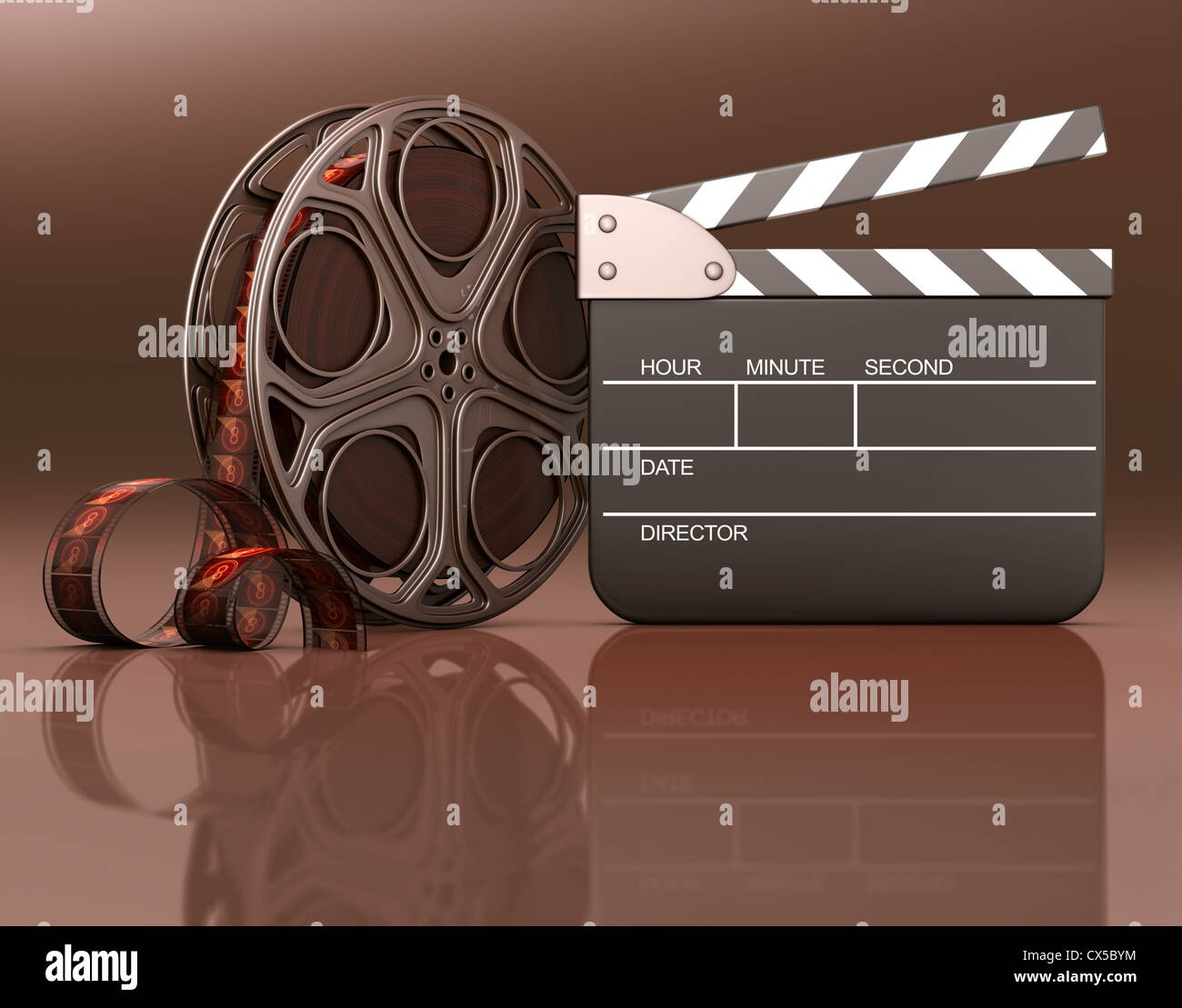 Roll of film with a clapboard beside. Your info on the black space of the clapboard or under the roll and clapboard. Stock Photo