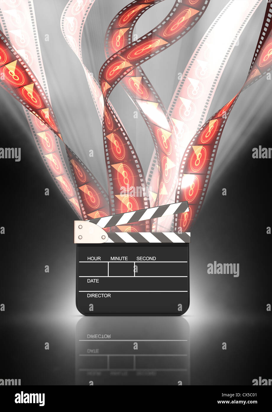 film strips going up high behind the clapboard with back illumination. Stock Photo